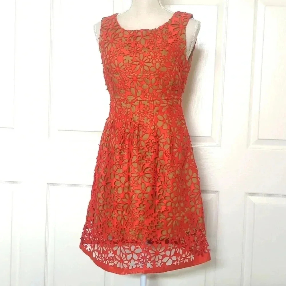 Lela Rose Persimmon Orange Laser Cut Sheath Dress